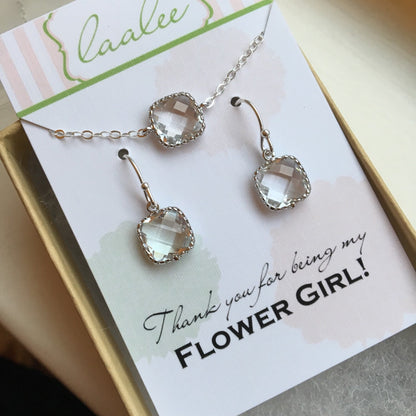 Silver Clear Crystal Necklace and Earring Set Crystal Jewelry Set - Personalized Card - Flower Girl Jewelry Set Flower Girl Proposal