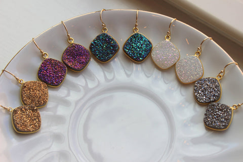 Druzy Earrings Gold Drusy Jewelry Gold Green Gray White Purple Druzy Earrings - Bridesmaid Jewelry - Christmas Gift - Wedding Earrings