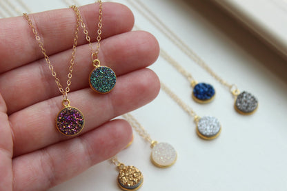 Round Druzy Necklace Druzy Fairytale Gift Drusy Jewelry Bridesmaid Gift Christmas Gift Travel Gift Minimalist Necklace Simple Gold Necklace