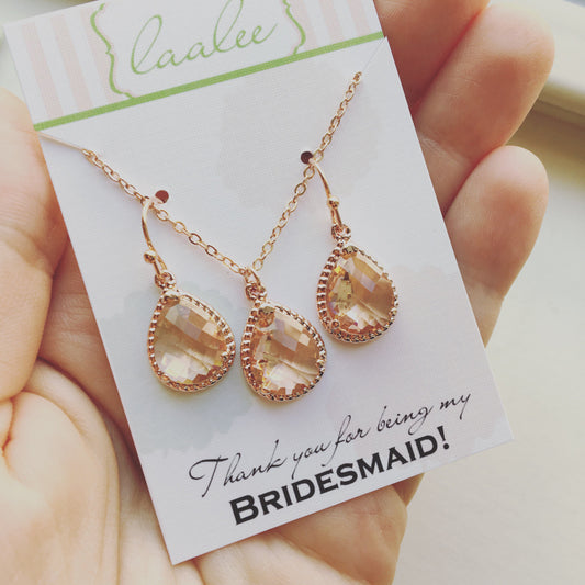 Champagne Blush Necklace and Earring Set Peach Pink Rose Gold Jewelry Set - Personalized Card Thank you for being my bridesmaid - Blush Jewe