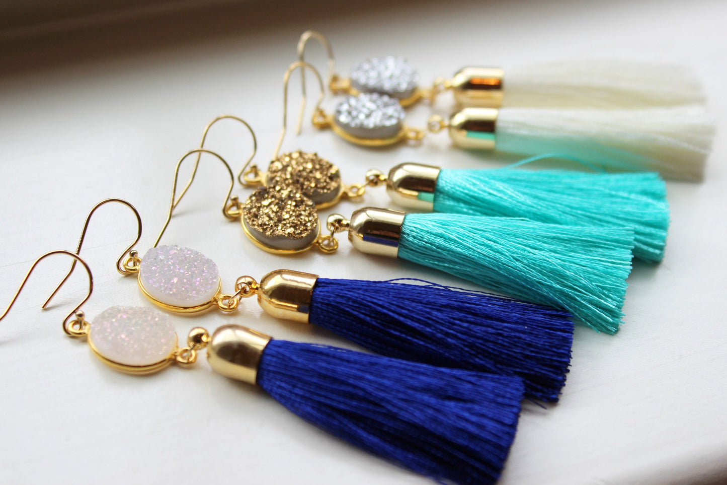 Druzy Jewelry Drusy Earrings, Gold Tassel Earrings Gold Druzy Earrings, Tassel Jewelry, Christmas Gift Fringe Earrings Statement Jewelry