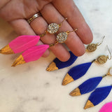 Gold Dipped Feather Earrings, Gold Druzy Earrings, White Druzy Earrings, Black Feather Earrings, Statement Earrings, Fairytale Gift