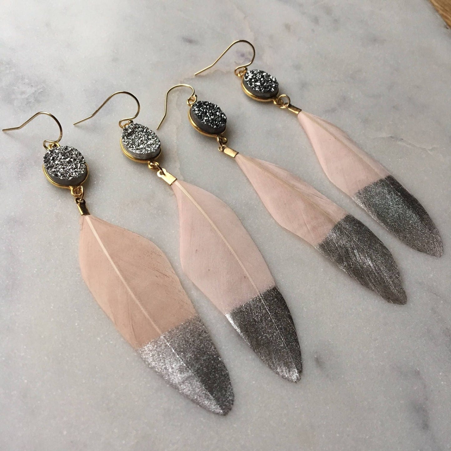 Silver Dipped Feather Earrings, Silver Druzy Earrings, Gold Druzy Earrings, Pink Feather Earrings, Statement Earrings, Fairytale Gift