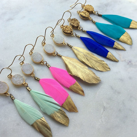 Gold Dipped Feather Earrings, Gold Druzy Earrings, White Druzy Earrings, Feather Earrings, Statement Earrings, Gold Dipped Feathers