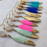 Gold Dipped Feather Earrings, Gold Druzy Earrings, White Druzy Earrings, Feather Earrings, Statement Earrings, Gold Dipped Feathers