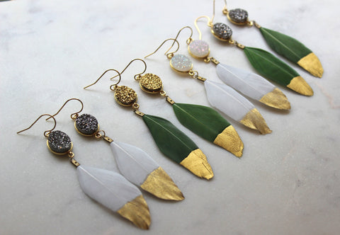 Feather Earrings, Druzy Earrings, Gold Feather Earrings, Gold Druzy Earrings, Feather Jewelry, Druzy Jewelry, Fall Trendy Earrings, Gift