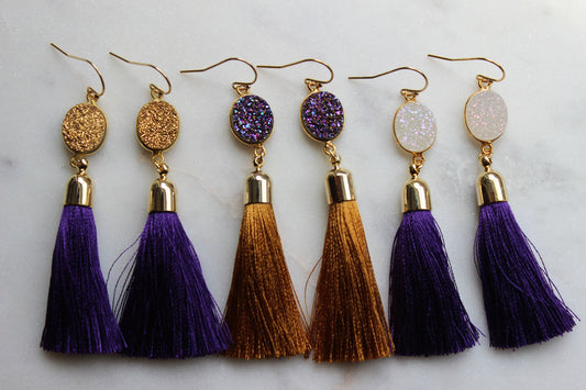 Gold Druzy Earrings, Tassel Earrings, Drusy Earrings, White Druzy Earrings, Gold Druzy Jewelry, Druzy Tassel Earrings, Statement Earrings