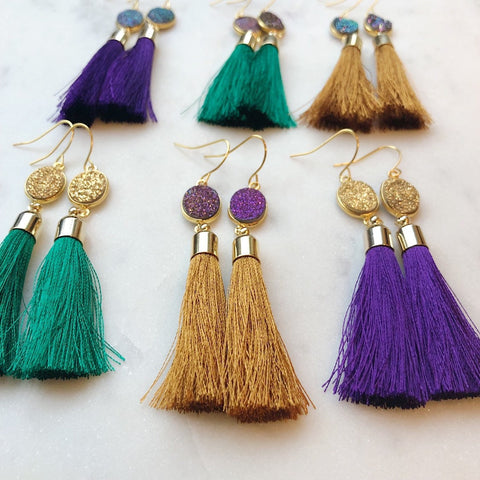 Mardi Gras Earrings, Mardi Gras Jewelry, Purple and Gold, Festival Earrings, Festival Jewelry Boho Earrings Tassel Earrings, Fringe Earrings