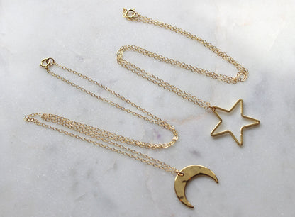 Gold Moon Necklace, Gold Star Necklace, Constellation Skies, Star Choker, Layered Necklace Set, Crescent Moon Necklace, Hammered Jewelry