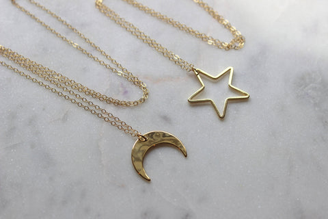 Gold Moon Necklace, Gold Star Necklace, Constellation Skies, Star Choker, Layered Necklace Set, Crescent Moon Necklace, Hammered Jewelry