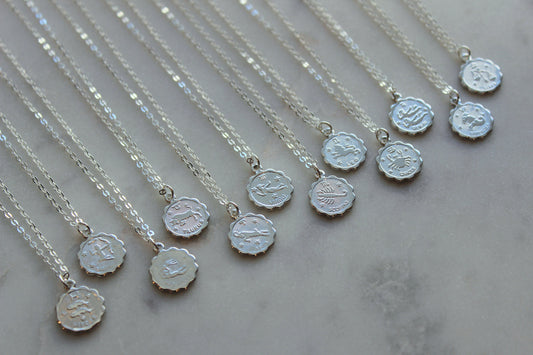 Silver Zodiac Necklace, Zodiac Coin Necklace, Zodiac Disc Necklace, Zodiac Jewelry, Silver Coin Necklace, Zodiac Sign Necklace, Trendy Gift