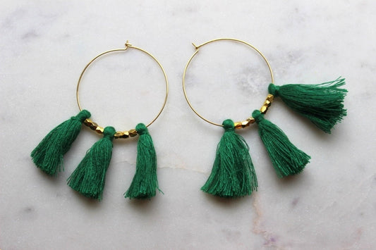 Green Fringe Earrings, Green Tassel Earrings, Green Tassel Jewelry, Green and Gold Jewelry, Green and Gold Earrings, Gold Hoop Earrings