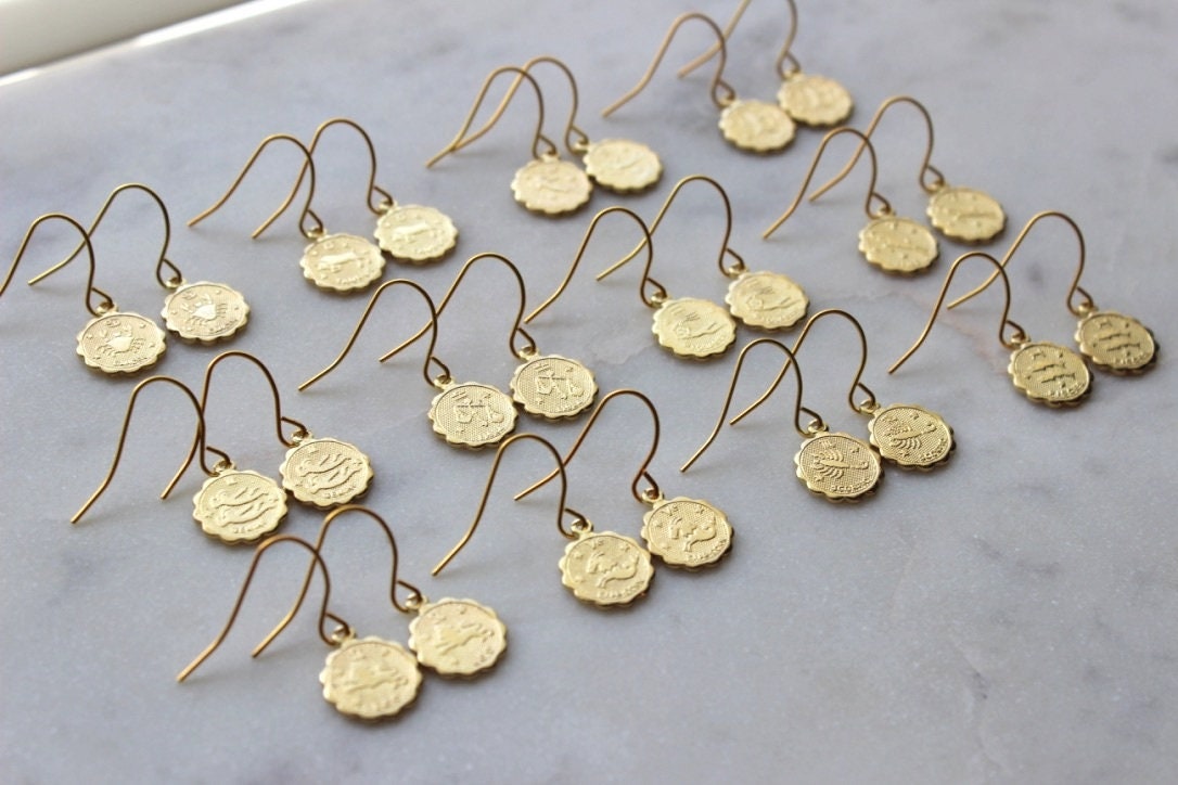 Zodiac Earrings Gold, Gold Constellation Earrings, Horoscope Earrings, Gold Zodiac Earrings, Dainty Zodiac Jewelry, Wanderlust Earrings