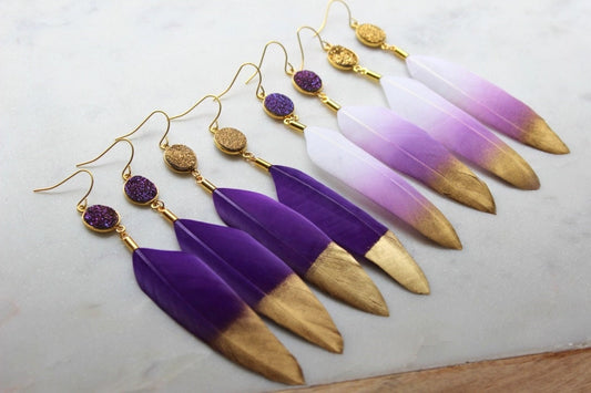 Purple Gold Dipped Feather Earrings