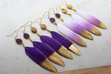 Jewelry Gift, Gold Dipped Feather Earrings, Gold Druzy Earrings, Purple Feather Earrings, Purple and Gold Earrings, Feather Jewelry, Gameday