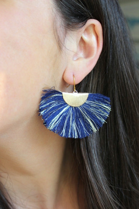 Navy Fan Fringe Earrings, Navy and Gold Earrings, Blue and Gold Earrings, Gameday Earrings, Fan Tassel Earrings, Navy and Gold Jewelry