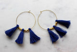 Blue Fringe Earrings, Blue Tassel Earrings, Blue Tassel Jewelry, Blue and Gold Jewelry, Blue and Gold Earrings, Gold Hoop Earrings, Gameday