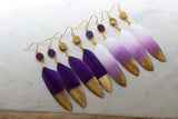 Jewelry Gift, Gold Dipped Feather Earrings, Gold Druzy Earrings, Purple Feather Earrings, Purple and Gold Earrings, Feather Jewelry, Gameday