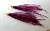 Purple Feather Earrings, Purple Feather Jewelry, Long Fringe Earrings, Long Feather Earrings, Bohemian Earrings, Purple and Gold, Gameday