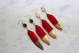 Jewelry Gift, Gold Dipped Feather Earrings, White Druzy Earrings, Red Feather Earrings, Red and Gold Earrings, Feather Jewelry, Gameday