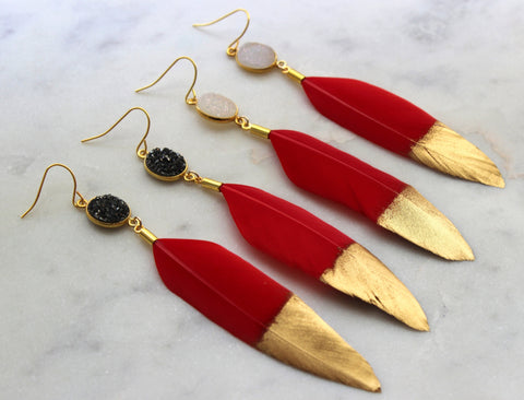 Jewelry Gift, Gold Dipped Feather Earrings, White Druzy Earrings, Red Feather Earrings, Red and Gold Earrings, Feather Jewelry, Gameday