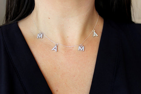 Silver Mama Necklace, Crystal Mama Necklace, Personalized Jewelry, Custom Name Necklace, Mama Letter Necklace, Personalized Necklace Mom