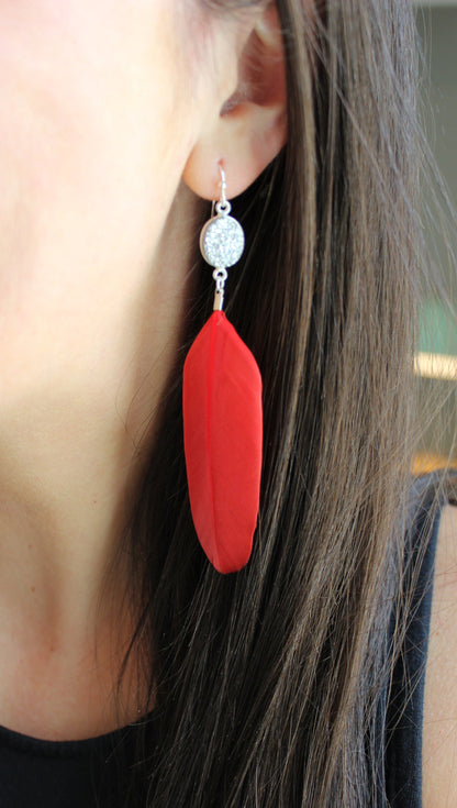 Red Earrings Statement, White Druzy Earrings, Red Feather Earrings, Silver Earrings, Feather Jewelry, Gameday Jewelry, Long Feather Earrings