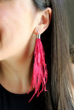 Red Earrings Statement, White Druzy Earrings, Red Feather Earrings, Silver Earrings, Feather Jewelry, Gameday Jewelry, Long Feather Earrings