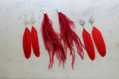 Red Earrings Statement, White Druzy Earrings, Red Feather Earrings, Silver Earrings, Feather Jewelry, Gameday Jewelry, Long Feather Earrings