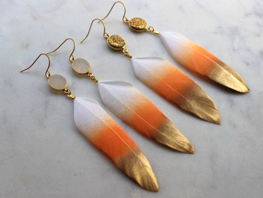 Gold Orange Earrings, Gold Dipped Feather Earrings, Gold Druzy Earrings, Orange Feather Earrings, Statement Earrings, Statement Jewelry