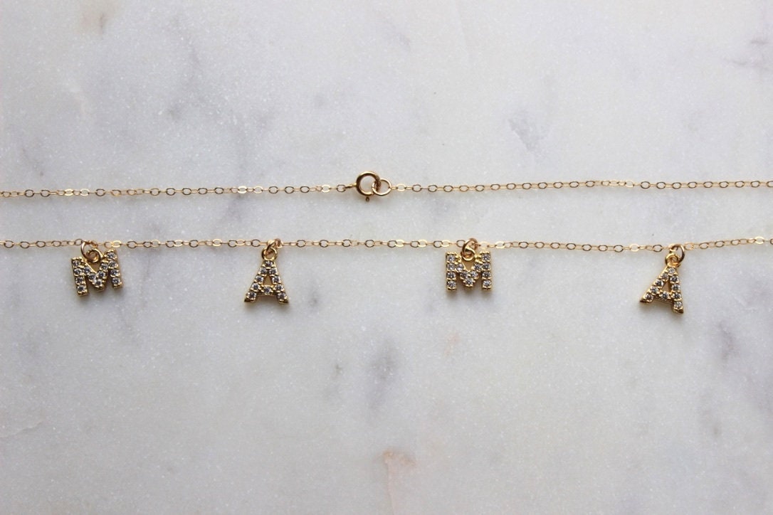 Gold Mama Necklace, Crystal Mama Necklace, Gold Name Necklace, Mothers Day Jewelry, Gift For Mom, Custom Name Necklace, Mama Letter Necklace