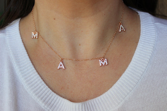 Rose Gold Mama Necklace, Crystal Mama Necklace, Custom Name Necklace, Personalized Jewelry, Mama Letter Necklace, Mom Necklace, Gift for Mom