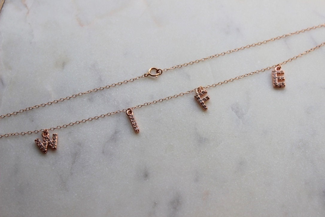 Rose Gold Wife Necklace, Crystal WIFE Necklace, Name Necklace, Personalized Jewelry, Bride to Be Jewelry, Wife Letter Necklace, Wedding Gift