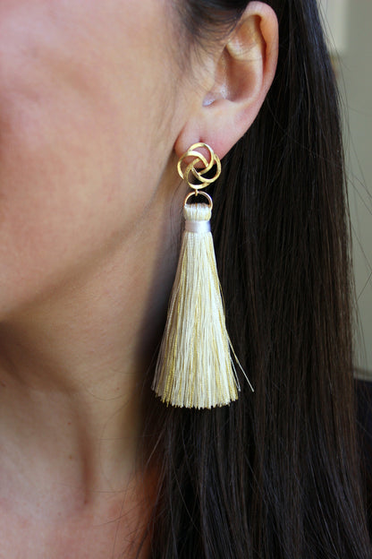 Gold Stud Earrings, Gold Tassel Earrings, White and Gold Earrings, Tassel Jewelry, Fringe Jewelry, Bridesmaid Gift, Bridal Party Jewelry