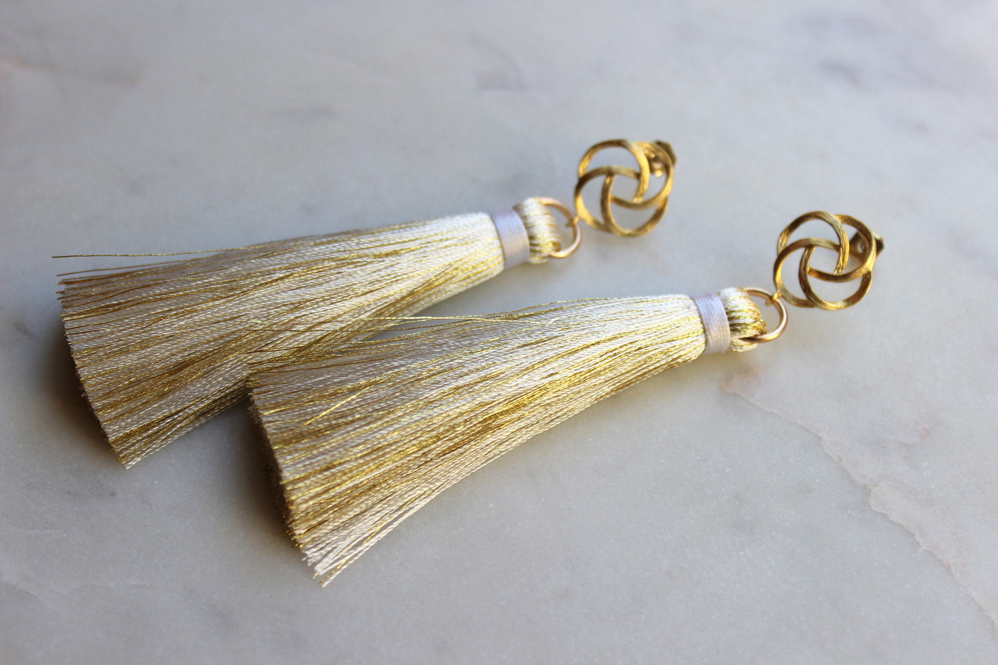 Gold Stud Earrings, Gold Tassel Earrings, White and Gold Earrings, Tassel Jewelry, Fringe Jewelry, Bridesmaid Gift, Bridal Party Jewelry