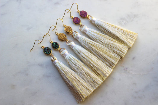 Mardi Gras Earrings, Mardi Gras Jewelry, Gold and Cream Tassel, Gold Tassel Earrings, Statement Earrings, Druzy Earrings, Festival Earrings