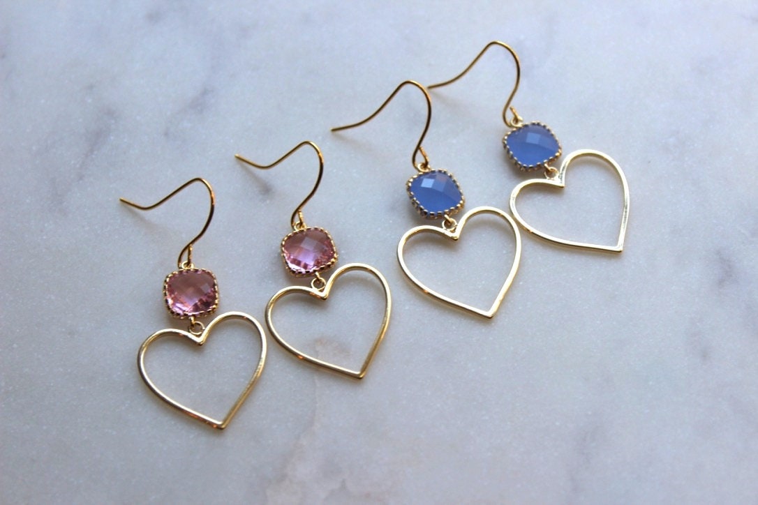 Gold Heart Earrings, Pink Heart Earrings, Valentines Day Jewelry, Gold Heart Jewelry, Heart Statement Earrings, Love Earrings, Dainty