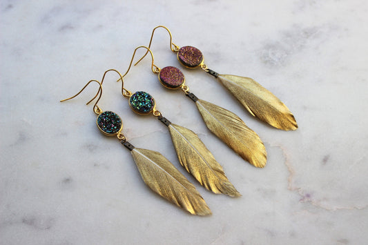 Gold Dipped Feather Earrings, Gold Druzy Earrings, Feather Earrings, Mardi Gras Earrings, Mardi Gras Jewelry, Gold Feathers, Green Druzy