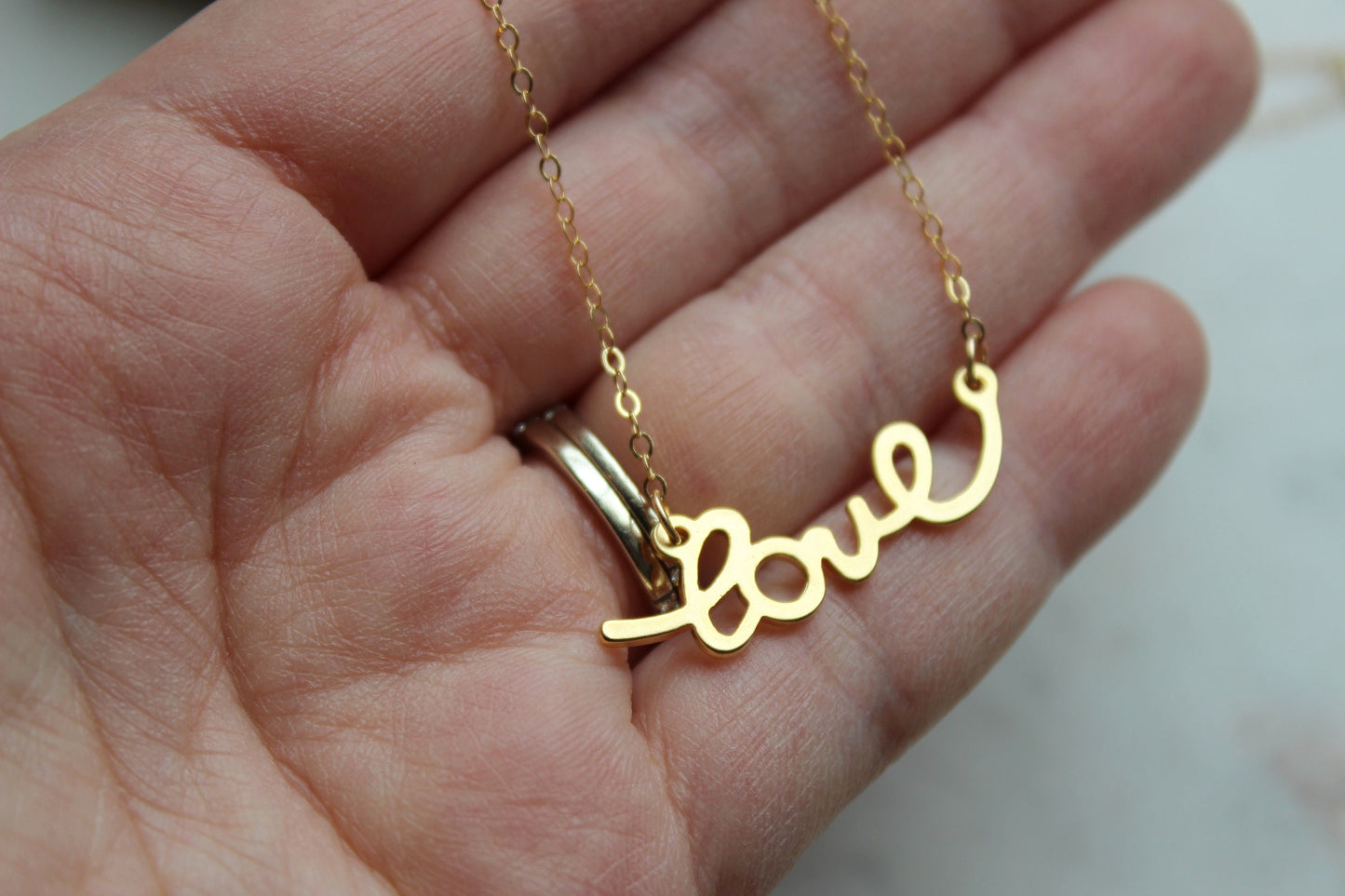 Gold Love Necklace, Love Script Necklace, Valentines Day Necklace, Valentines Day Jewelry, 14k Gold Filled Chain, Trendy Necklace