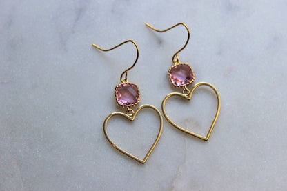 Gold Heart Earrings, Pink Heart Earrings, Valentines Day Jewelry, Gold Heart Jewelry, Heart Statement Earrings, Love Earrings, Dainty