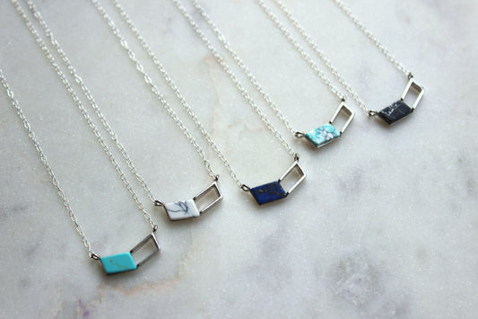 Silver Chevron Necklace, Silver Chevron Jewelry, Geometric Necklace, Geometric Jewelry, Gemstone Necklace, Turquoise Lapis Howlite Necklace