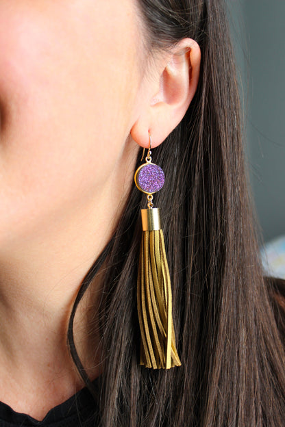 Purple and Gold Earrings, Gameday Earrings, Purple and Gold Jewelry, Druzy Tassel Earrings, Purple Druzy, Gold Druzy Earrings, Fringe Tassel