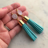 Turquoise Tassel Earrings, White Druzy Earrings, Turquoise Statement Earrings, Fringe Earrings, Druzy Jewelry, Tassel Jewelry, Blue Tassel