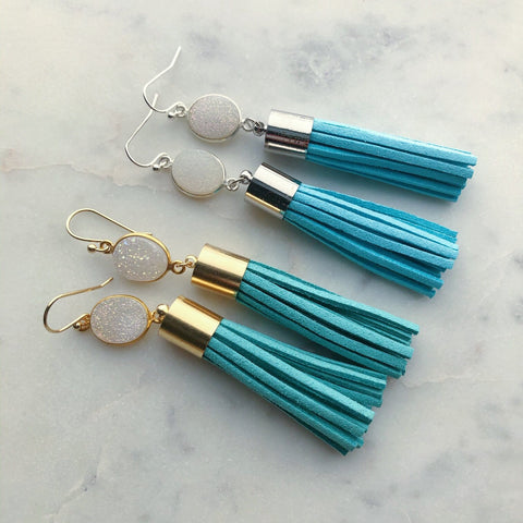 Turquoise Tassel Earrings, White Druzy Earrings, Turquoise Statement Earrings, Fringe Earrings, Druzy Jewelry, Tassel Jewelry, Blue Tassel