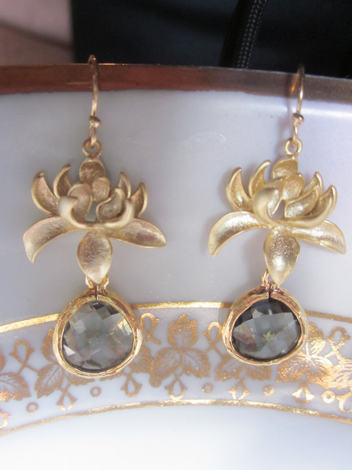 Charcoal Gray Earrings Gold Blossoms - Bridesmaid Earrings - Bridal Earrings - Wedding Jewelry