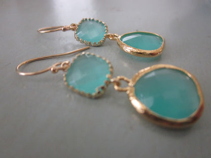 Aqua Blue Earrings Gold Mint Earrings - Bridesmaid Earrings Wedding Earrings Valentines Day Gift Holiday Present