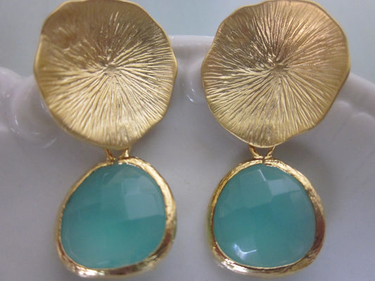 Aqua Blue Mint Earrings Gold Mushroom Coral - Sterling Silver Posts - Bridesmaid Earrings - Wedding Earrings Mint Wedding Jewelry