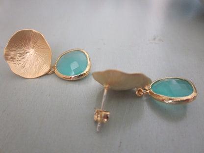 Aqua Blue Mint Earrings Gold Mushroom Coral - Sterling Silver Posts - Bridesmaid Earrings - Wedding Earrings Mint Wedding Jewelry