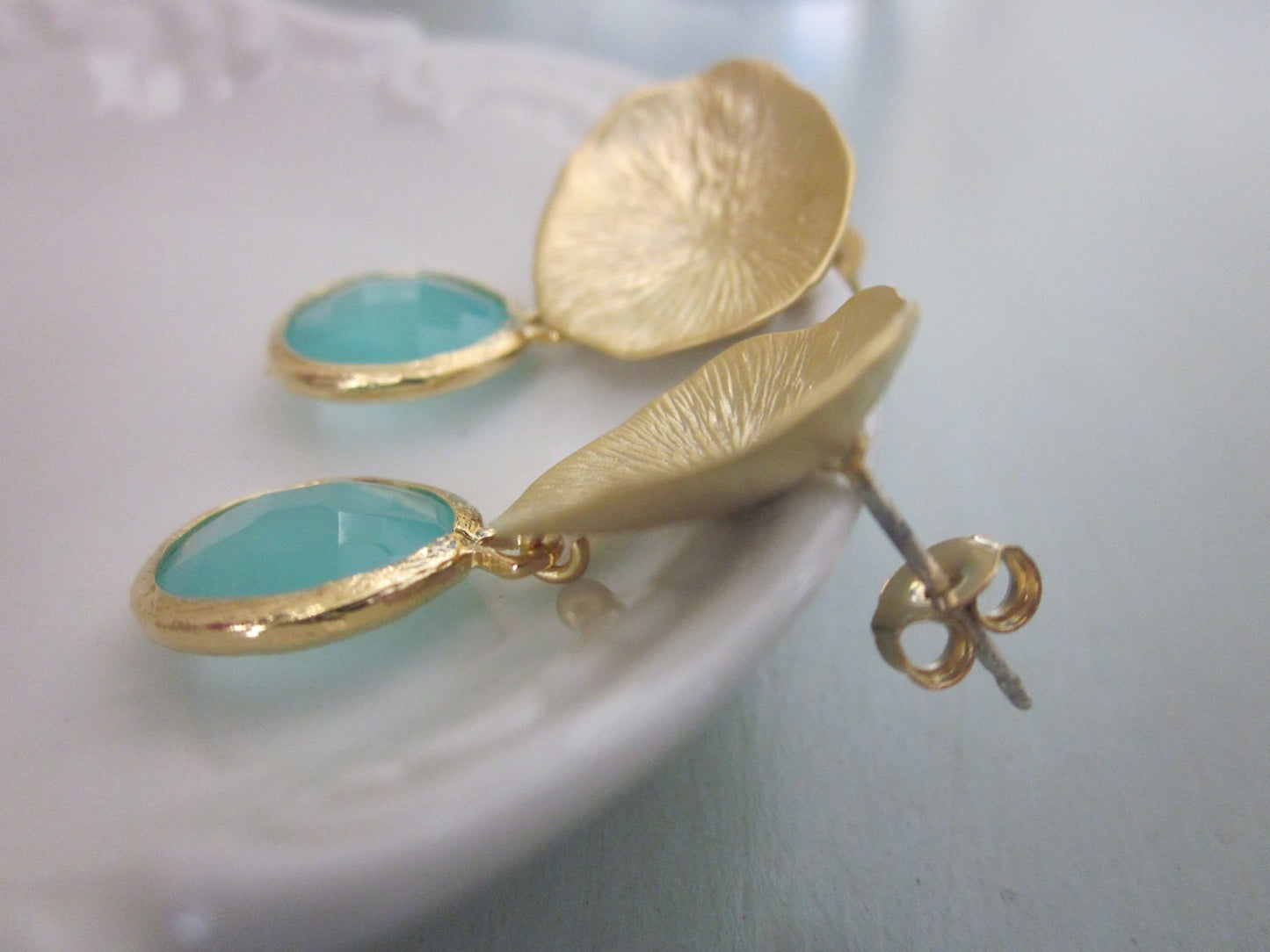 Aqua Blue Mint Earrings Gold Mushroom Coral - Sterling Silver Posts - Bridesmaid Earrings - Wedding Earrings Mint Wedding Jewelry