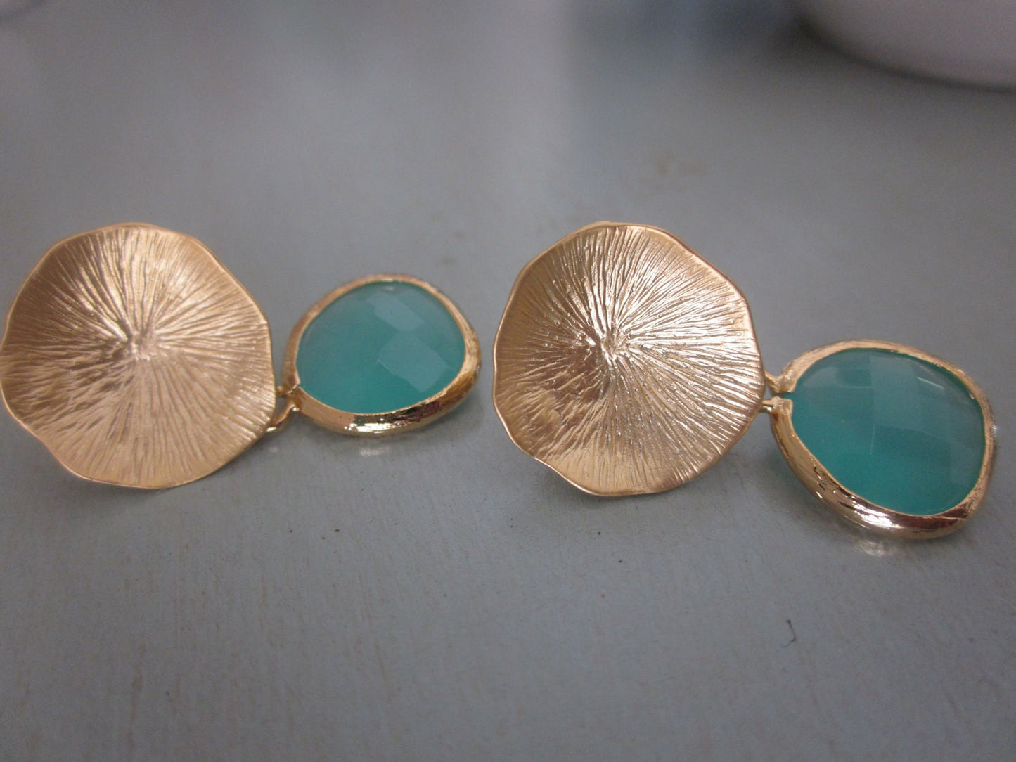 Aqua Blue Mint Earrings Gold Mushroom Coral - Sterling Silver Posts - Bridesmaid Earrings - Wedding Earrings Mint Wedding Jewelry